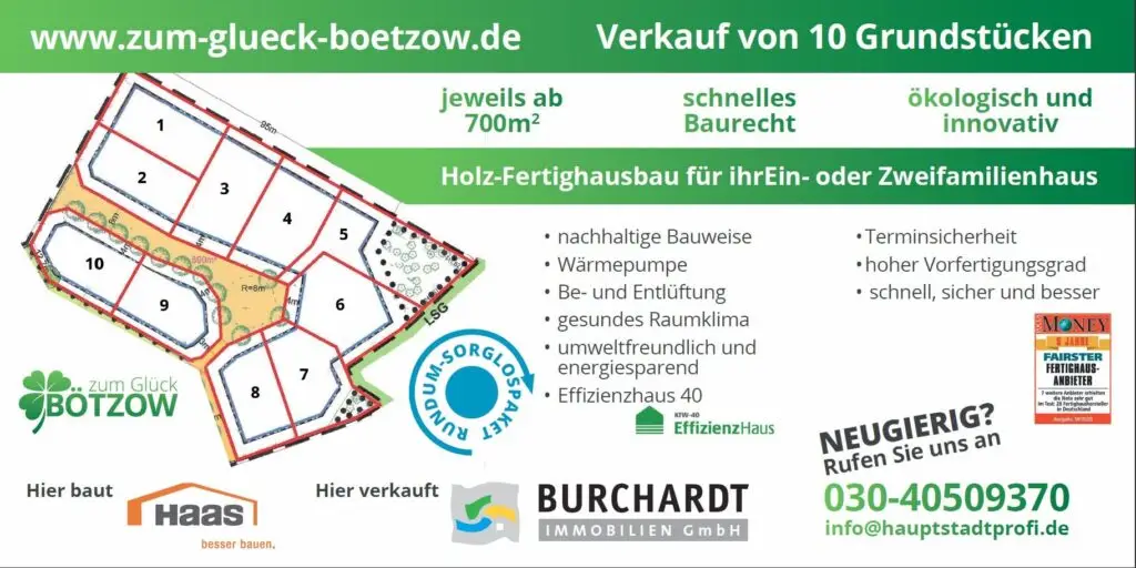 Schild Bauzaun Bötzow mit Hinweisen auf die dort entstehenden Ein- und Zweifamilienhäuser