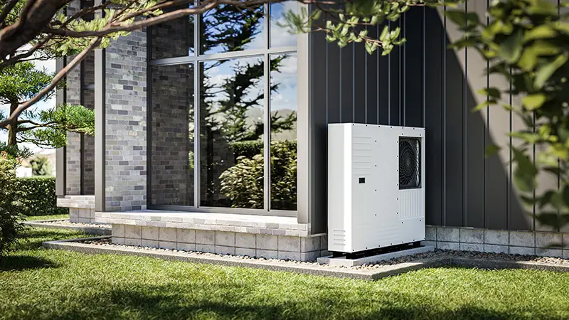 Wärmepumpe an der Hauswand eines modernen Einfamilienhauses.