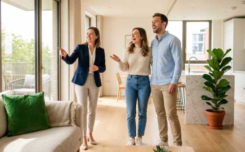 Glückliche Kaufinteressenten bei einer Immobilienbesichtigung für den Hauskauf mit einem Makler