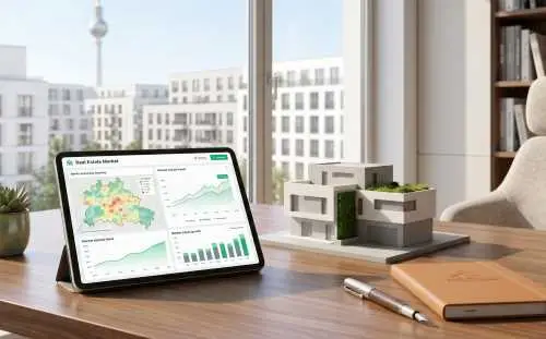 Marktanalysen und Grafiken auf einem Tablet neben einem Hausmodell als Ratgeber für Immobilienwissen