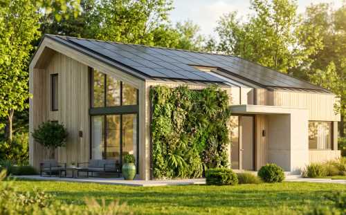 Modernes, energieeffizientes Wohnhaus mit Solaranlage und Begrünung für nachhaltiges Wohnen
