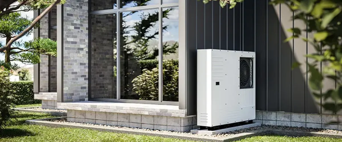 Heat pump installed at the wall of a single-family house 3d render showing renewable energy sources.