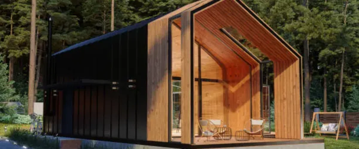 Exterior Of Wooden Tiny House With Forest Background