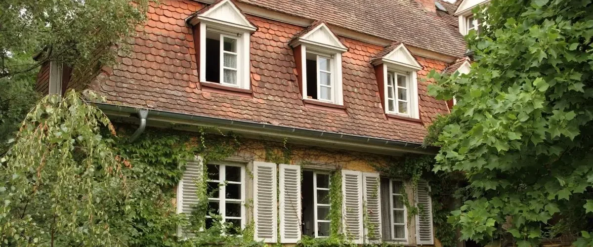 Ein altes, efeuranktes Einfamilienhaus. Symbolbild für die Immobilienbewertung und energetische Sanierung von Altbauten in Berlin und Brandenburg.
